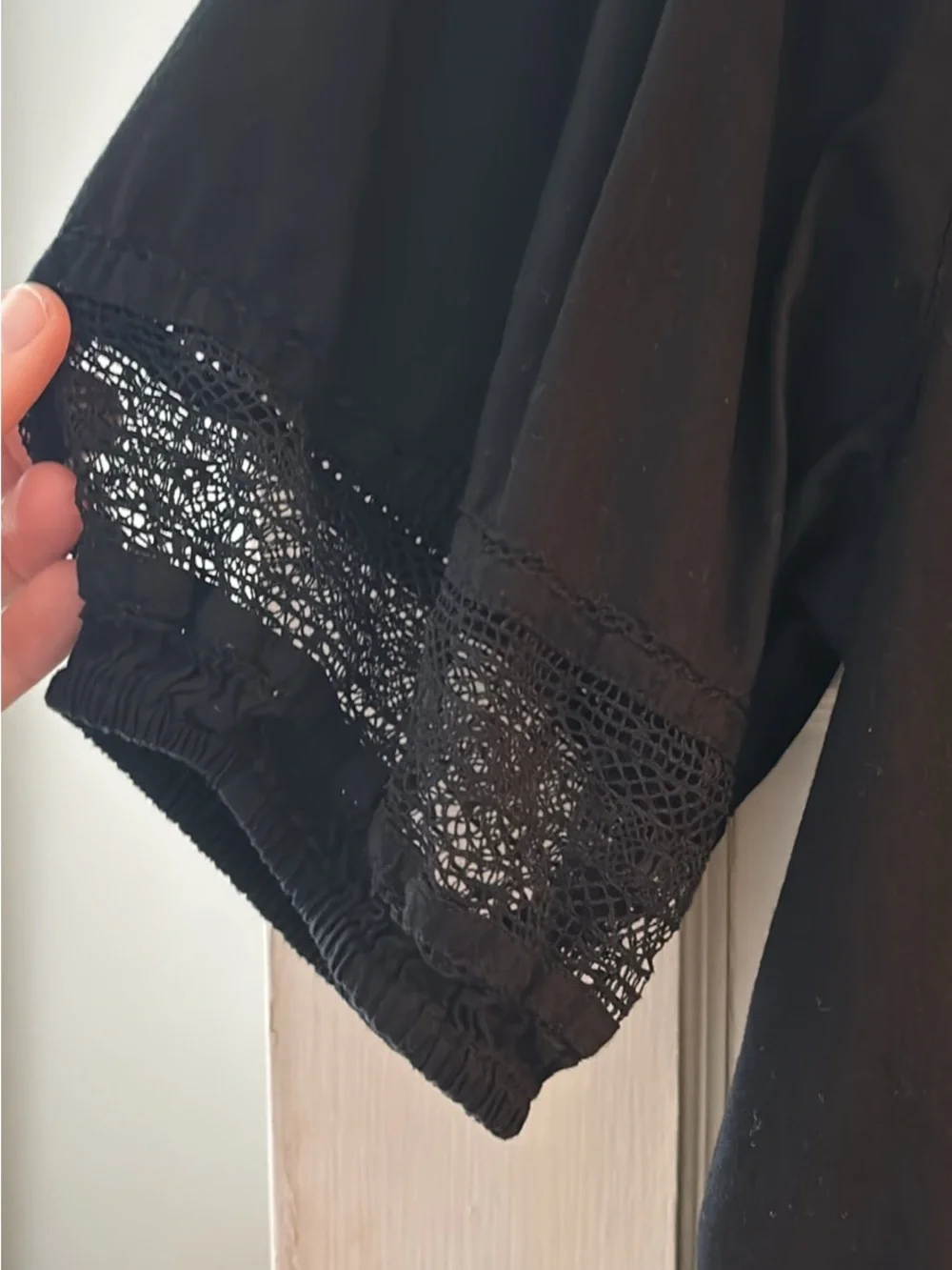 Romantic Black Button-Down Women’s Top with Crochet Trim, Puff Sleeve Blouse